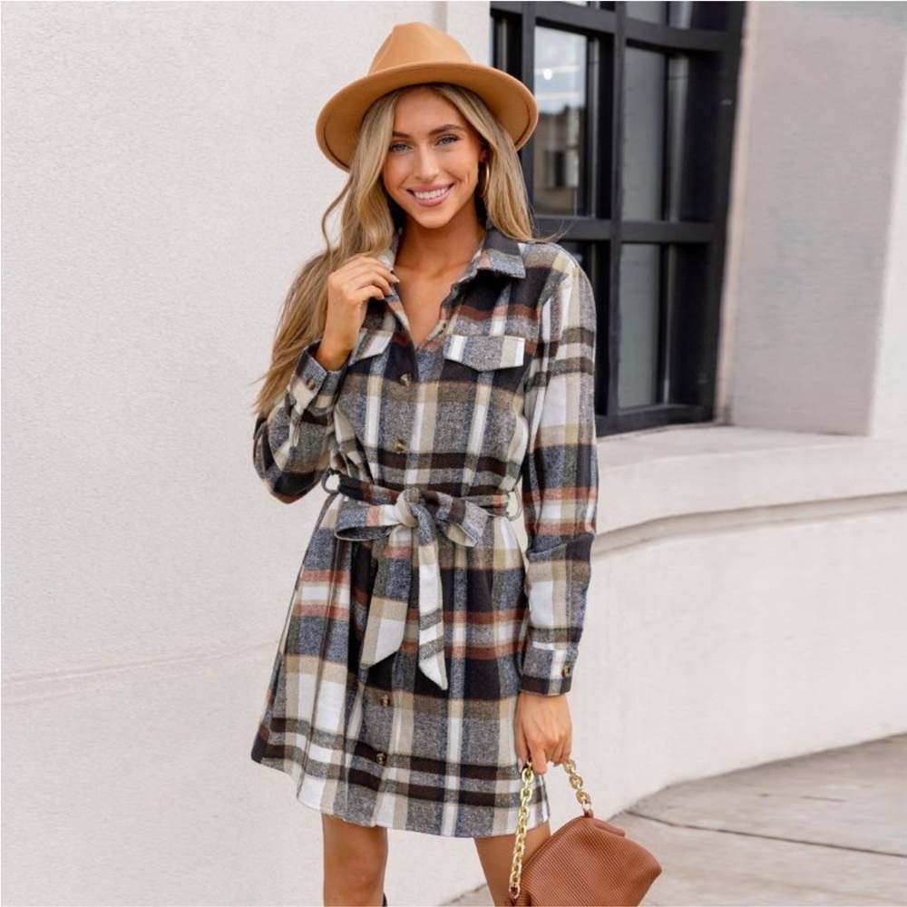 Cupshe Plaid Long Sleeve Dress - Black, White, Brown
